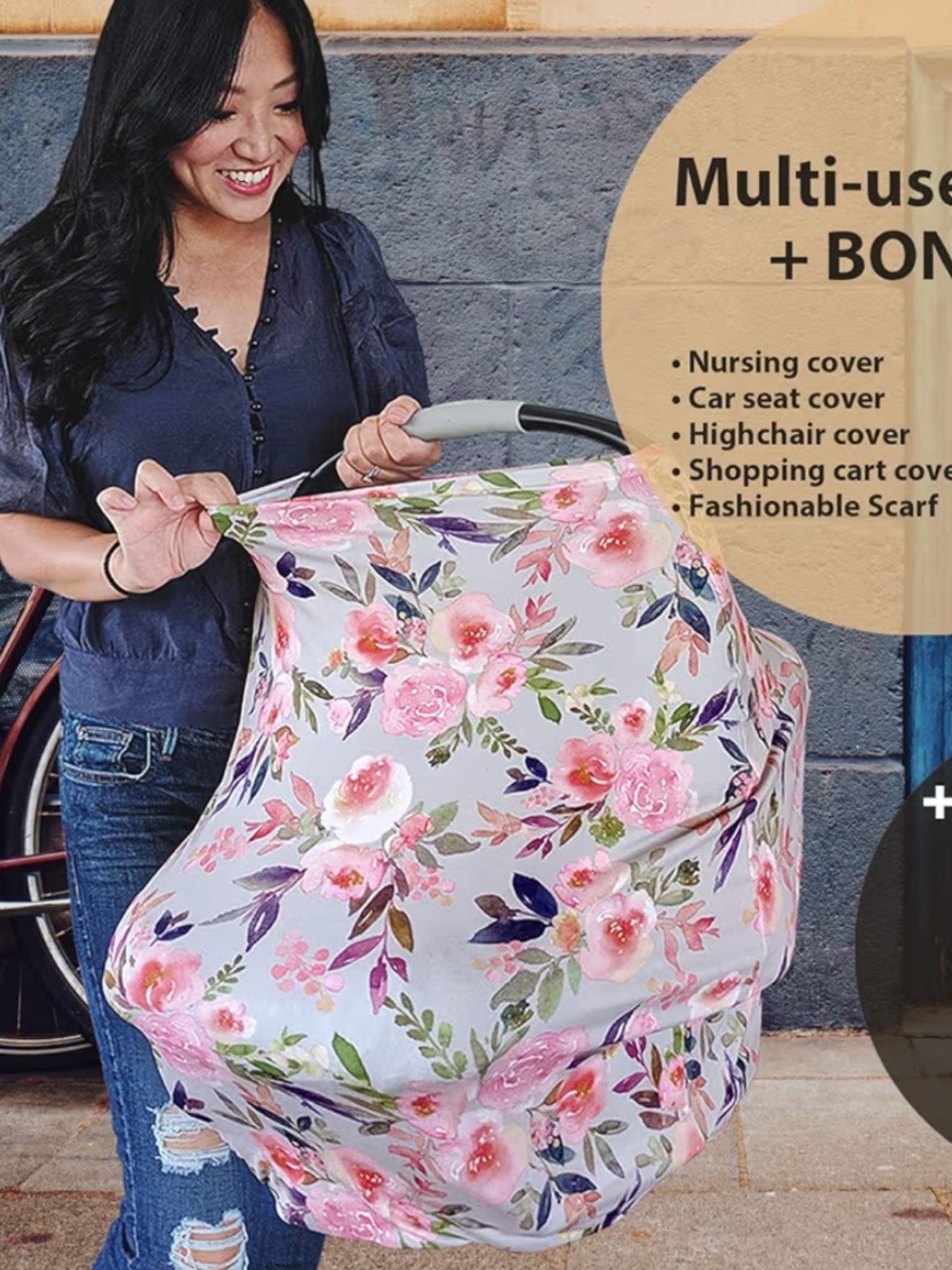Floral pink grey Multi-Use Car Seat & Nursing Cover - Pink Rose Print stretchy